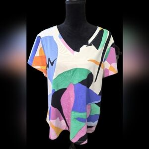 Chico’s Size 4 XXL Multicolor Abstract V-Neck Short Sleeve Top NWT